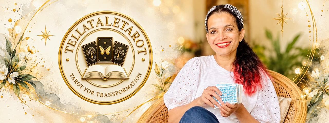 TELLATALETAROT — Tarot for Transformation. Chandra holding a Tarot deck.